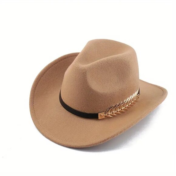 Beige Western‎ Cowboy Cowgirl Hat Felt Wide Brim Fedora with Gold Leaf Accent - Picture 3 of 6